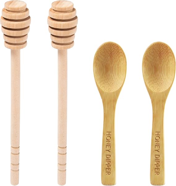 DESIOLE 4Pcs Wooden Honey Dipper Sticks, 6.3 Inch Honey Comb Stick