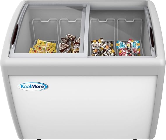 KoolMore - MCF-12C Commercial Ice Cream Freezer Display Case, Glass Top Chest Freezer with 4 Storage Baskets and Clear, Sliding Lid, Large 12.7 cu.ft Capacity, White