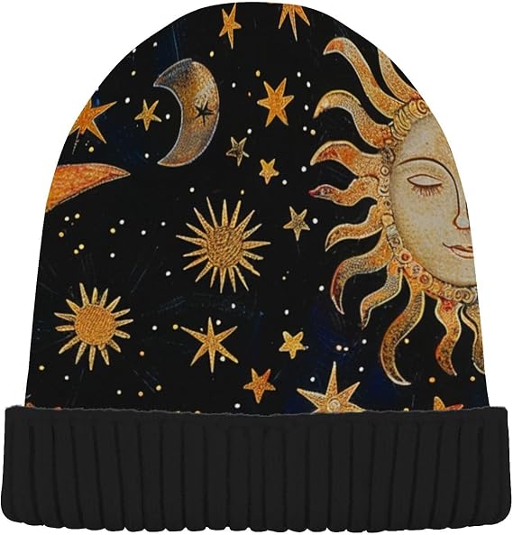 Beanie Hats for Men & Womens Slouchy Beanie Hat,Sun Goddess Crescent Moon Unisex Winter Knit Warm Cuffed Hat Cap Multicoloured