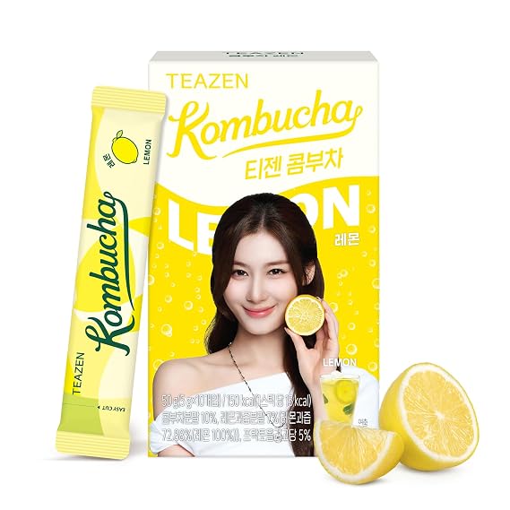 TEAZEN Lemon Kombucha Tea, Hydration Drink Mix, Sugar Free, Live Probiotics & Prebiotics, 10 Sticks, 1.76oz