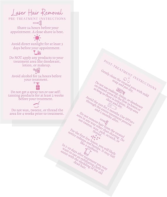 Laser Hair Removal Aftercare Cards | 50 Pack | Size 2x3.5" inch Business Card | Pre and Post Treatment Instructions | Pink Card Design