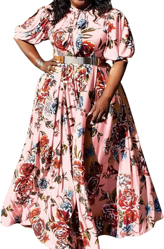 VERWIN Plus Size Floor-Length Print Half Lantern Sleeve Floral Women's Maxi Dress Expansion Dress