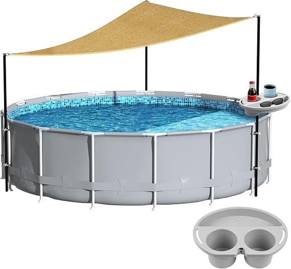 Above Ground Pool Shade Set with Storage Tray UV-Resistant Shade Sail for 15-22 Ft Pools, Outdoor Triangular Canopy with Sun Shade Poles for Deck, Backyard & Pool Essentials (13x13x13 Ft)
