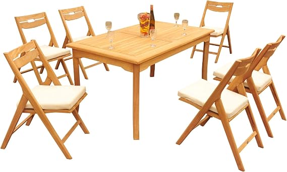 6 Seater Grade-A Teak Wood 7 Pc Dining Set: 60" Rectangle Table and 6 Surfliner Folding Reclining Arm Chairs #31SL1307