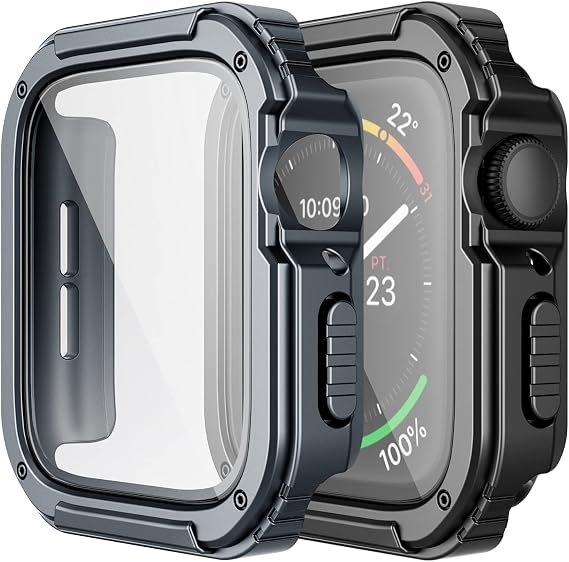 Adepoy 2 Pack Rugged Case Compatible for Apple Watch 44mm Series SE/6/5/4 with Tempered Glass Screen Protector, Military All Around Hard TPU Protective Cover Case Shockproof Bumper for iWatch Men 44mm
