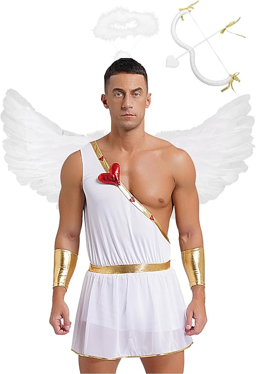 Men's 6 Pcs Valentine's Day Cupid Costume One Shoulder Romper Bodysuits Cosplay Fancy Dress