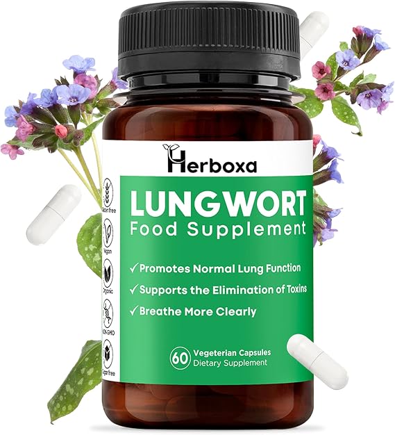 Herboxa Lungwort Lung Support Supplement - Lung Detox Capsules for Clear Lungs - Lung Cleanse & Detoxification for Lung Health & Revitalization - Powerful Lung Cleanse for Smokers - 60 Vegan Capsules