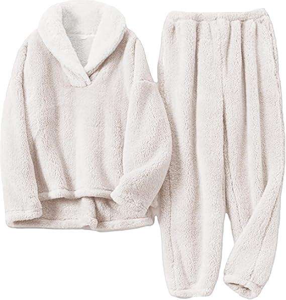 Mens Fluffy Coral Fleece Pajamas Set Pullover Pants Loose Plush Warm Loungewear Sleepwear