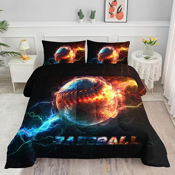 Kids Comforter Set Flame Baseball Printed Pattern Bedding Set with 1 Comforter and 2 Pillowcases for Girls Boys Bedroom All Season(Baseball1 Twin)