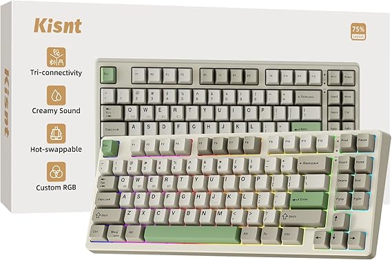 Kisnt KN85 Wireless Mechanical Keyboard, 75% Layout, Bluetooth/2.4GHz/USB-C, Custom RGB Backlit, Hot-Swappable Linear Switch, Creamy Sound for Gaming/Typing (Industrial Gray)