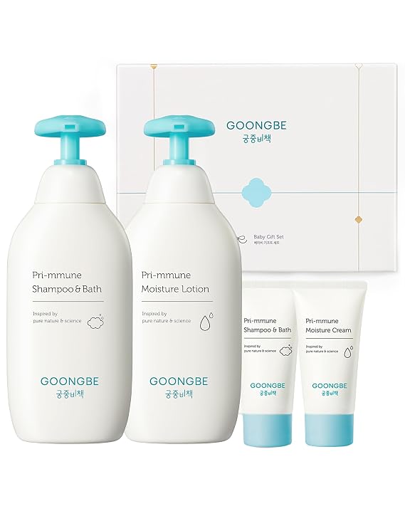 GOONGBE Baby Gift Set, Korean Shampoo & Bath, Lotion & Cream 4 Items | 4-piece Korean newborn skincare gift set: shampoo & bath, lotion & cream. Royal Oji, rice & shea. Allergen-free scent.