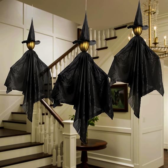 Bunny Chorus Halloween Witch Decor: 3PCS Hanging Halloween Witches with LED Light, Spooky Hanging Witch Decor for Front Yard Patio Lawn Garden Party Porch Decor Indoor Outdoor