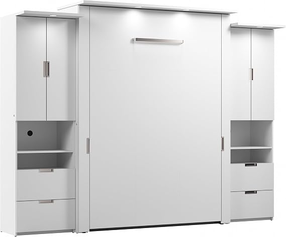 Bestar Queen Murphy Bed with Storage Cabinet, White, Lumina, 114W | 2 Storage Cabinets; supports up to 1000 lb; min. ceiling height 88.4 in.; dual piston mechanism;