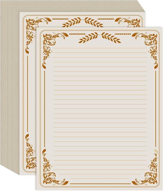 Vintage Lined Letter Paper - 100 Sheets, Stationary Paper for Writing Letters with Lines & Antique Border Design for Stationery Writing Papers,Invitations & Notes, 100gsm, 8.5'' x 11'', Brown