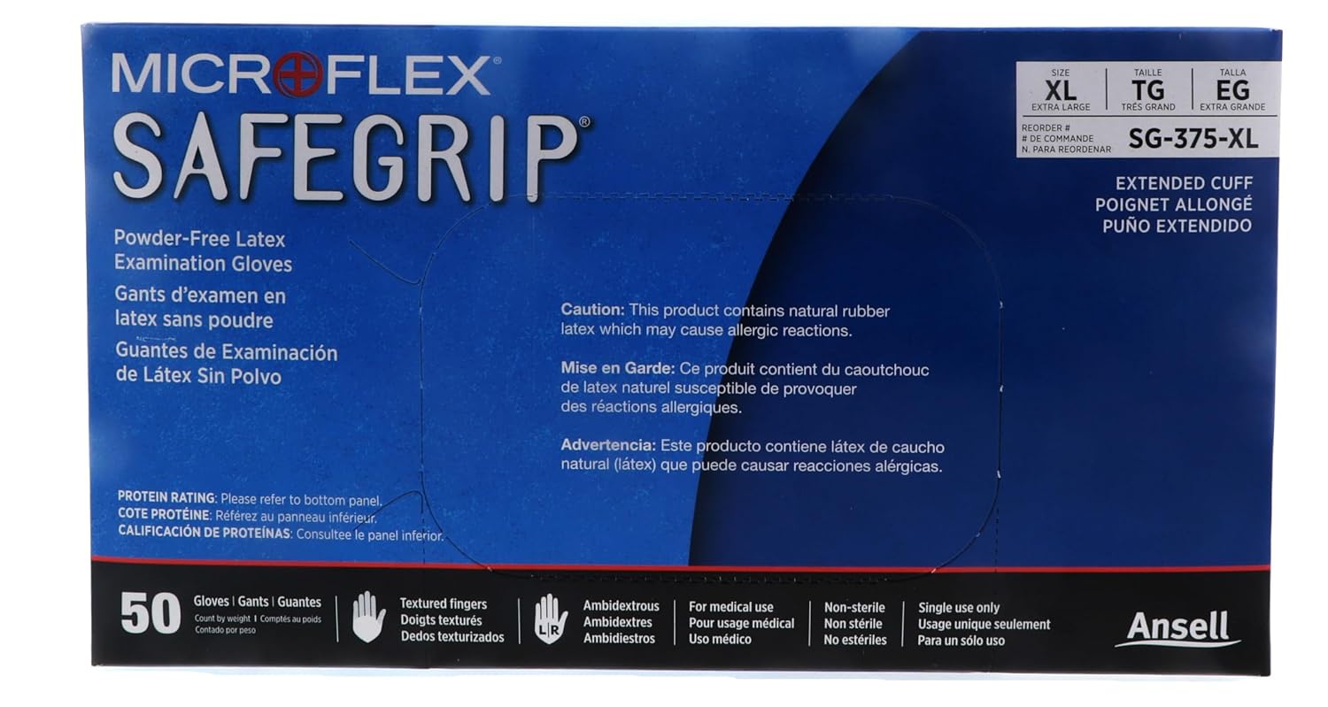 Microflex Safegrip SG-375 Latex Gloves - Disposable, Extended Cuff, Blue Size XLarge (Case of 500)