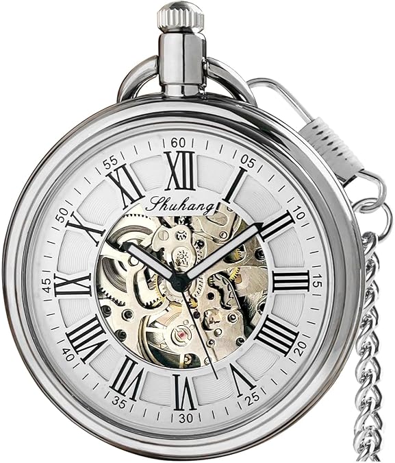 Self Winding Automatic Mechanical Pocket Watch with Chain for Men