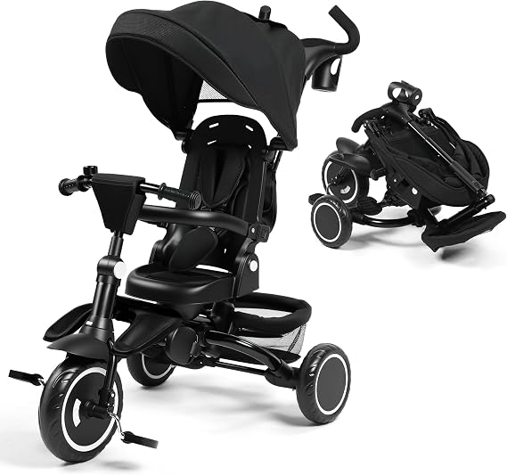 Kinder King 8 in 1 Kids Trike Toddlers Tricycle, Push Handle, 1-Step Brake | Foldable Toddler Tricycle, Rotatable Seat, Canopy, Bell, 5-Point Harness, Storage Bins, Dual Brake, Bike Tricycle Stoller