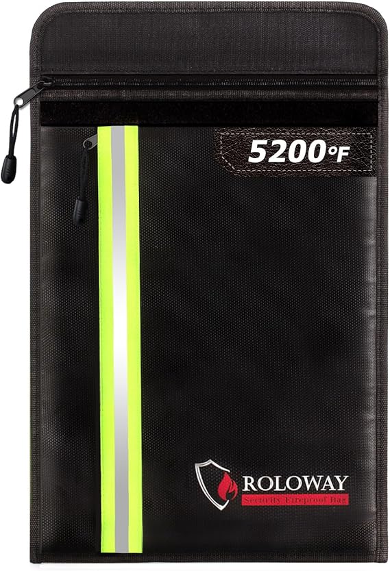 ROLOWAY Fireproof Document Bag (15.5 x 11.5 inch) with 2 Pockets and 5200F Aluminum Foil Layer, Fireproof Bag for Document Safe (Black)