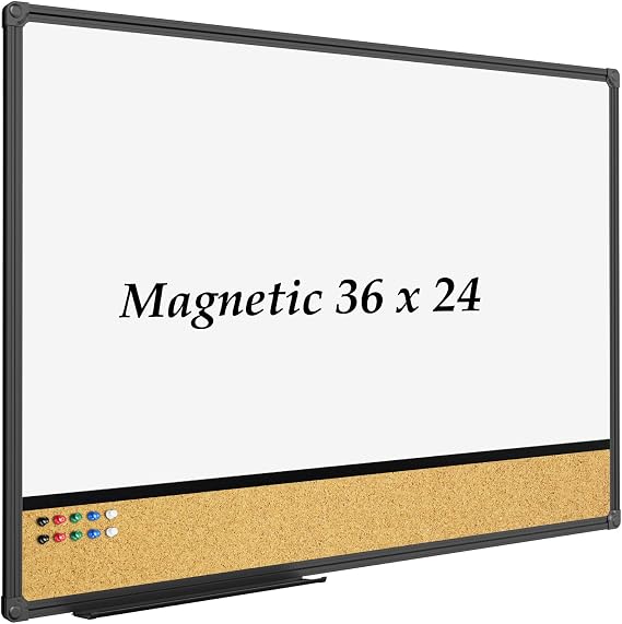JILoffice White Board & Bulletin Corkboard Combination, Combo Board 36 x 24 Magnetic Whiteboard, Black Aluminum Frame Wall Mounted Board for Office Home and School with 10 Push Pins