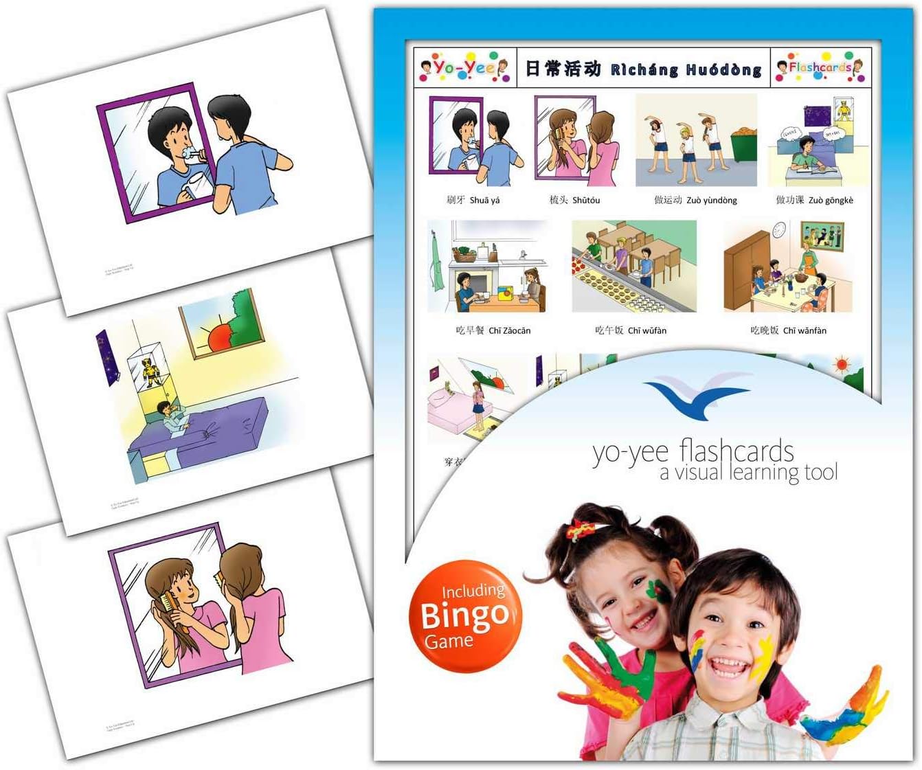 Daily Routines Flashcards in Chinese Language - Flash Cards with Matching Bingo Game for Toddlers, Kids, Children and Adults to Learn Mandarin