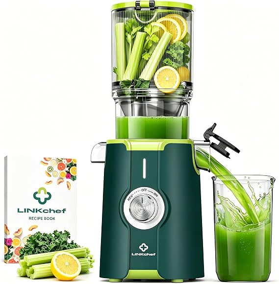 LINKChef Cold Press Juicer Machine, 4.53" Whole Fruit Slow Masticating Juicer with Auto Cutting, 200W Quiet Motor & High Juice Yield, Easy Clean Compact Juicer Extractor with Recipe Guide, Green