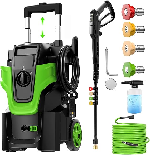 5000PSI Heavy Duty Pressure Washer, 3-Speed Adjustable Power Washer with 2-Stage Pull Rod, 4 Nozzles, 35FT GFCI Cord & 500ml Soap Bottle for Car, Home & Outdoor Cleaning,Green