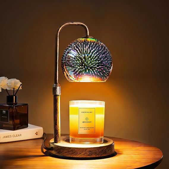 Glocusent Candle Warmer Lamp with Timer, Dimmable, Adjustable Retro 2 Bulbs | 3D Glass Globe with Firework Patterns, retro Candle Warmer Lamp for Jar Candles, Gifts for Women/Mom/Her, New Home Decor