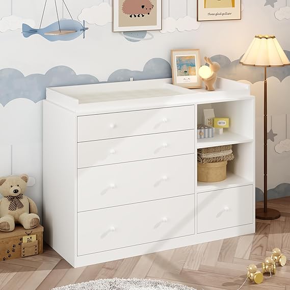 Nursery Dresser with Baby Changing Table, Diaper Changing Tables for Nursery with 5 Drawers & Shelves, Changing Station Nursery Organizer for Bedroom, White 47.6 W x 19.7 D x 36.1 H