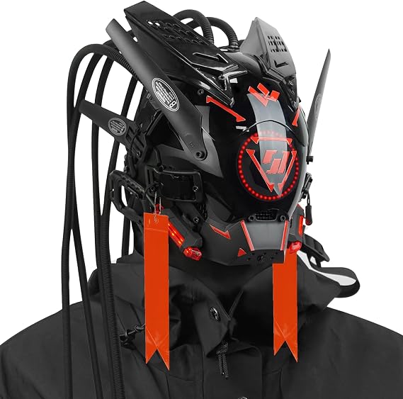 foymi Punk Helmet Mask Round LED Light with Braids