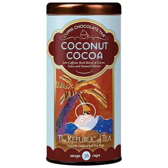 The Republic of Tea Cuppa Chocolate Coconut Cocoa Herbal Tea, 36 Count | Caffeine Free. Suitable for day or evening . Notes of roasted carob, chicory and cocoa richness. Carb Free and Sugar Free.