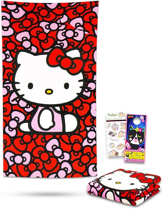 Hello Kitty Beach Towel Set - Bundle with 27x54 Hello Kitty Pool Towel Plus Stickers and More (Hello Kitty Bath Towel for Kids and Adults)