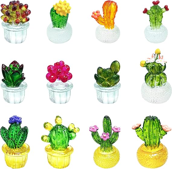 ONEST 12 Pieces Crystal Miniature Cactus Figurines Handmade Art Cactus for Home Office Desk Tabletop Simulation Plants Decorations