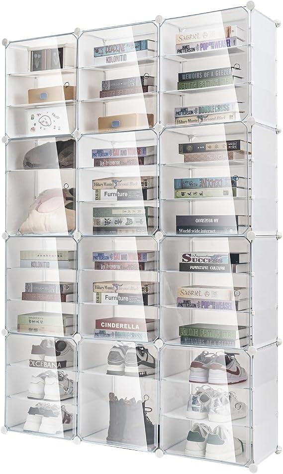 Shoe Rack Organizer, 12-Tiers Portable Shoe Rack Organizer with Door 96 Pairs Stackable Shoe Storage Cabinet Stand, Transparent Plastic Storage Boxes for Heels, Boots, Slippers