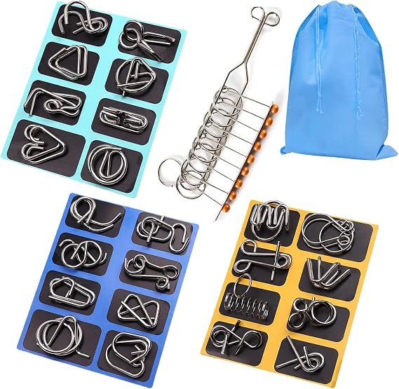 25 Challenging Brain Teaser IQ Test Iron Link Unlock Interlock Game with Organizer Bag, Metal Wire Puzzle Set Magic Trick Toys for Party Favor
