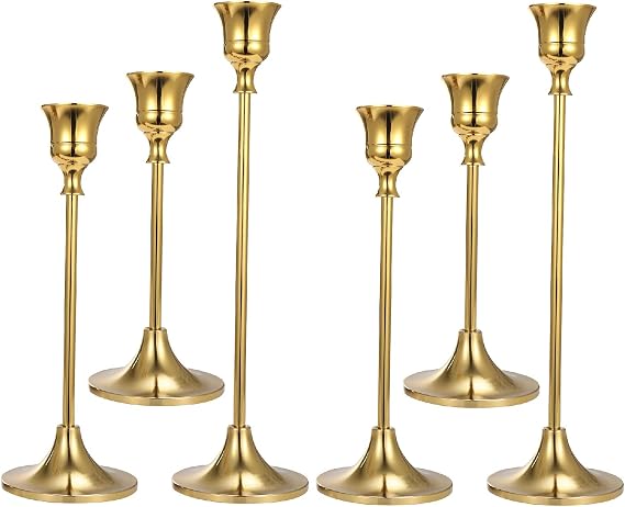 Set of 6 Gold Taper Candle Holders Decorative Candlestick Holder for Home Decor, Wedding, Dinning, Party, Anniversary
