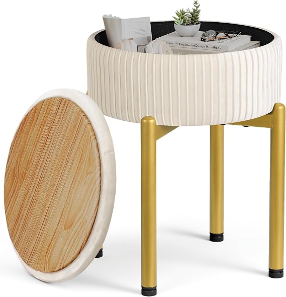 Memobarco 18-Inch Velvet Vanity Chair with Storage, Round Ottoman Stool Beige