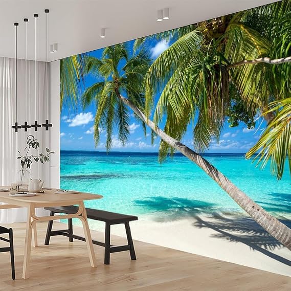 Ocean Beach Wall Wallpaper, Sky Landscape Removable High Resolution Decor Paintings, Self-Adhesive 3D Mural for Dining Room Sofa Background Wall Living Room 135''Wx101''H