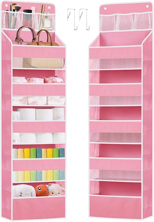 Over the Door Organizers Storage - 5 Shelf Hanging Storage shelves Door Organizer with Pockets, Anti Tilt 44 lb Load Behind Door Organizer for Bedroom,Nursery,Bathroom,Kitchen,Dorm,Shoe - 1 Pack, Pink