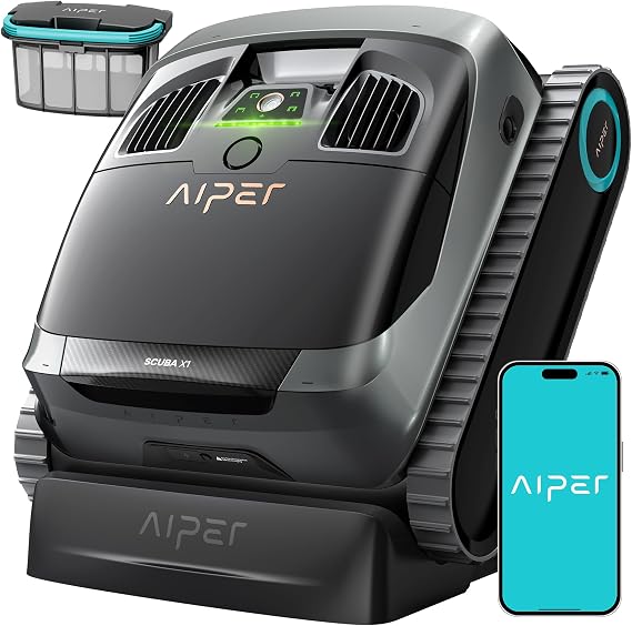 AIPER Scuba X1 Cordless Pool Robot with Powerful Suction, Double Filtration and Wireless Charging Dock, Floor/Wall/Waterline Cleaning, 185 Mins Runtime for Above & In-Ground Pools, Deep Grey | 6600GPH Powerful Suction, 3m MicroMesh Filter, Wireless Charging Dock, Floor/Wall/Waterline Cleaning, 185 Mins Runtime