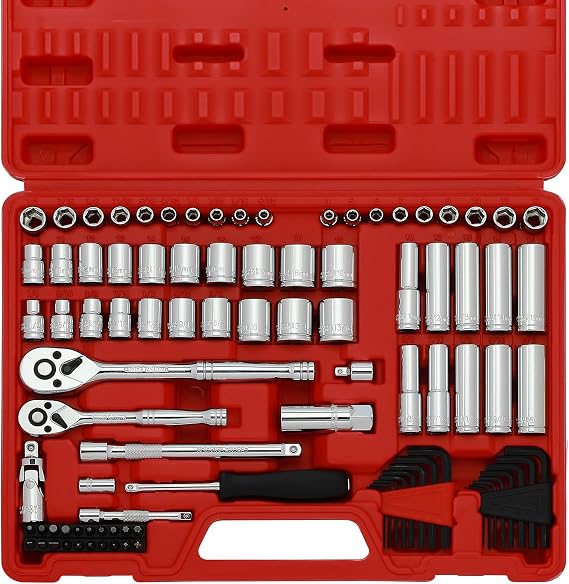 CASOMAN 1/4-Inch & 3/8-Inch Drive, SAE and Metric Socket Set, Standard and Deep Sizes, with Ratchet, Extension Bars and Universal Joint, 94-Pieces 1/4" Drive and 3/8" Dr. Socket Super Set