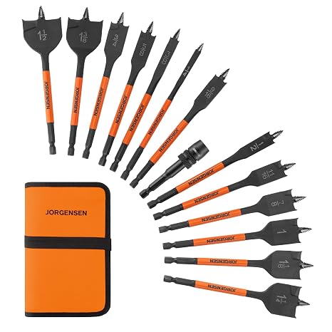 Jorgensen 14-Piece Spade Drill Bit Set with Storage Pouch, 1/4" to 1-1/2" | Includes 13 Spade Drill Bits and One Quick-Load Connector, 1/4" Hex Shank, Carbon Steel Paddle Bits for Woodworking