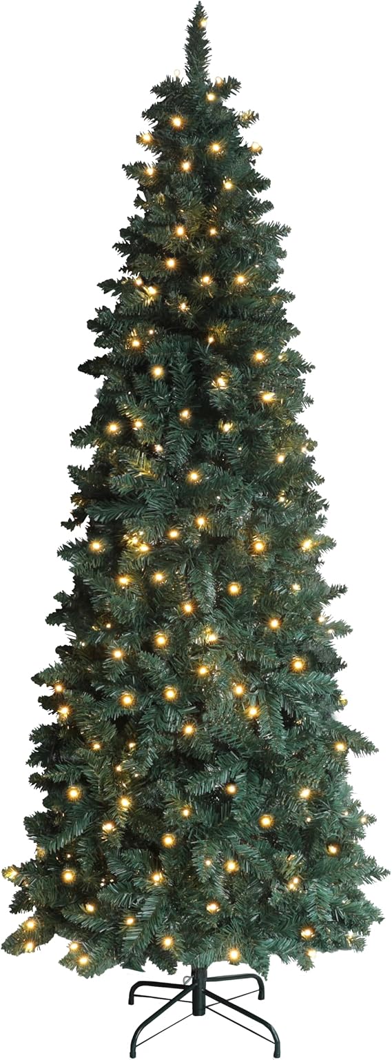 MUPATER 6ft Pencil Christmas Tree, Pre-Lit Artificial Christmas Tree with Metal Stand, Warm White Lights Holiday Decoration for Home, Office, Party(Green)