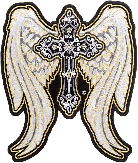 PatchStop Angel Wings Cross Gold Iron On Patches for Clothing Jeans - 8.5x10in Large DIY Sew On Back Patch for Jackets Bags - Embroidered Decorative Christian Patches