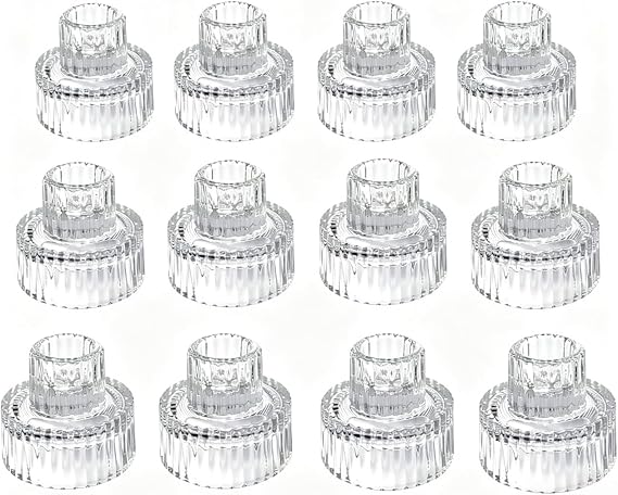Hosley Set of 6 Glass Taper Candle Holders - Clear Glass Candlestick Holders 2 Inch High for Wedding Centerpieces, Party Favors, Dinner Table, Reiki Meditation, Home Decor