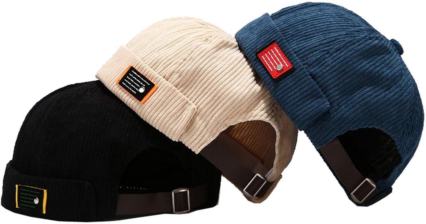 Mens Womens Corduroy Brimless Skullcap Sailor Cap Rolled Cuff Retro Beanie Hat