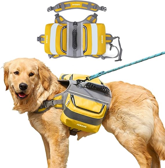 PETCUTE Dog Backpack for Medium & Large Dogs,Dog Pack Saddle Bag for Dogs for Hiking,Pet Backpack Harness with Reflective Strips,2 Capacious Side Pockets for Walking Running,Yellow