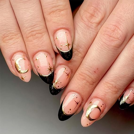 24Pcs Black French Tip Press on Nails Medium Almond Fake Nails Acrylic False Nails with 3D Gold Chrome Gold Star Moon Designs Glossy Glue on Nails Full Cover Artificial Stick on Nail for Women