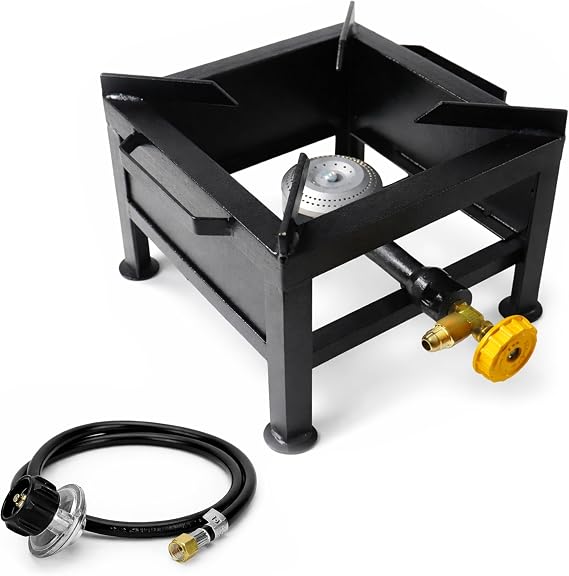 Single Burner Propane Stove, Portable Cast Iron High Pressure | Outdoor Propane Burner Cooker, Heavy Duty Square Stove, High BTU for Outdoor Cooking, Turkey Fry, Seafood Boil & Homebrewing