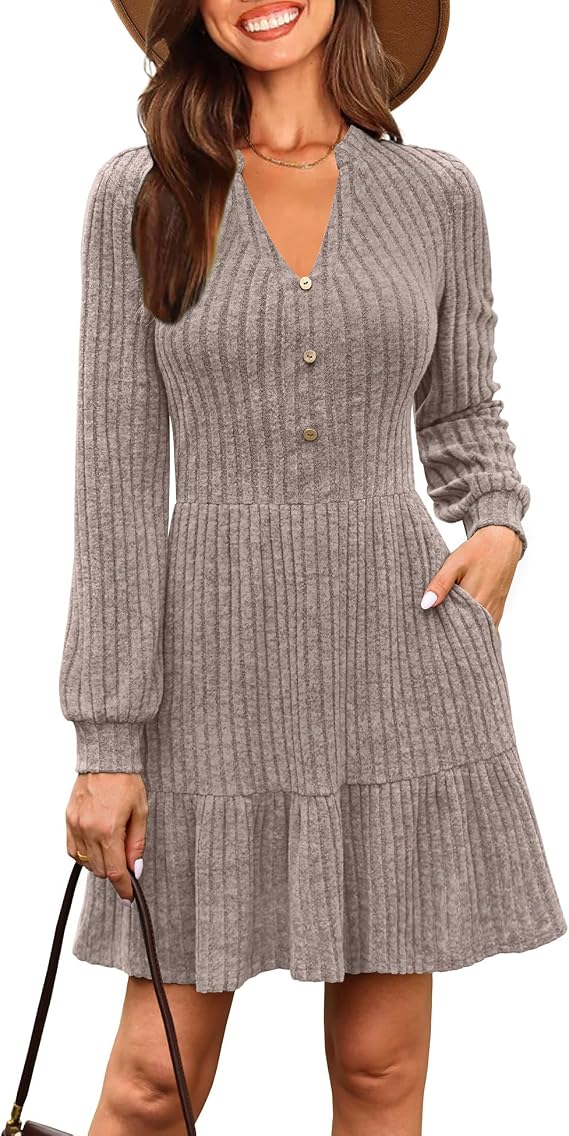 Kranda Women Long Sleeve Knit Ribbed Ruffle Sweater Mini Dress with Pockets
