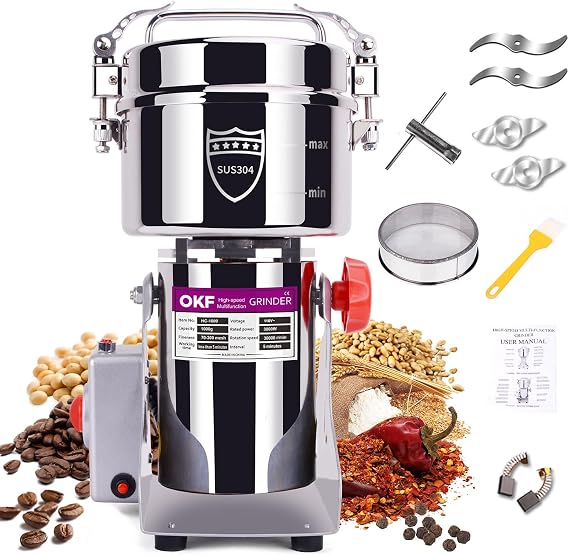 1000g Grain Mill, 304 Stainless Steel Spice Grinder, 3000W High-speed Commercial Flour Mill, Superfine Flour Mill Grinder for Home, Grain Mill for Flour